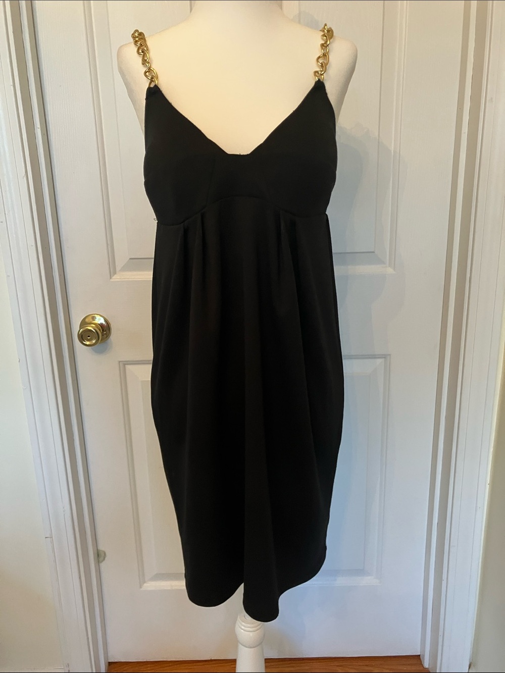 Vertigo Paris Black Mini Dress with Gold Chain Straps